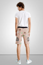 KHAKI LYCRA PRINT SHORTS WITH 2 SIDE ZIPPERS