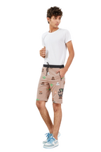 KHAKI LYCRA PRINT SHORTS WITH 2 SIDE ZIPPERS