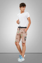 KHAKI LYCRA PRINT SHORTS WITH 2 SIDE ZIPPERS
