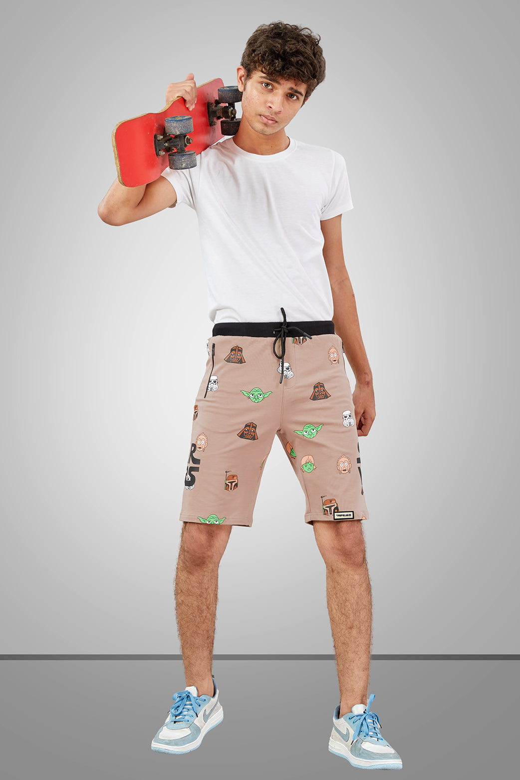 KHAKI LYCRA PRINT SHORTS WITH 2 SIDE ZIPPERS