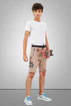 KHAKI LYCRA PRINT SHORTS WITH 2 SIDE ZIPPERS
