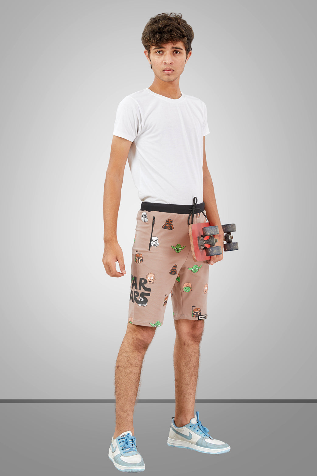 KHAKI LYCRA PRINT SHORTS WITH 2 SIDE ZIPPERS