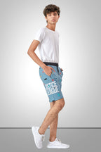 LIGHT SKY BLUE LYCRA PRINT SHORTS WITH 2 SIDE ZIPPERS