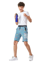 LIGHT SKY BLUE LYCRA PRINT SHORTS WITH 2 SIDE ZIPPERS