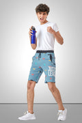 LIGHT SKY BLUE LYCRA PRINT SHORTS WITH 2 SIDE ZIPPERS