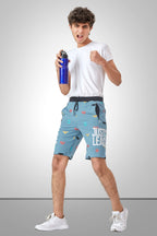 LIGHT SKY BLUE LYCRA PRINT SHORTS WITH 2 SIDE ZIPPERS