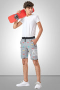 GREY LYCRA PRINT SHORTS WITH 2 SIDE ZIPPERS