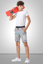 GREY LYCRA PRINT SHORTS WITH 2 SIDE ZIPPERS