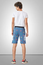 SKY BLUE LYCRA PRINT SHORTS WITH 2 SIDE ZIPPERS