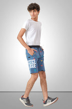 SKY BLUE LYCRA PRINT SHORTS WITH 2 SIDE ZIPPERS