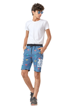 SKY BLUE LYCRA PRINT SHORTS WITH 2 SIDE ZIPPERS