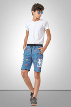 SKY BLUE LYCRA PRINT SHORTS WITH 2 SIDE ZIPPERS