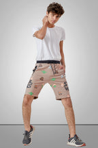 KHAKI LYCRA PRINT SHORTS WITH 2 SIDE ZIPPERS