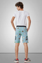 LIGHT SKY BLUE LYCRA PRINT SHORTS WITH 2 SIDE ZIPPERS