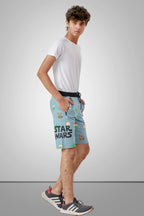 LIGHT SKY BLUE LYCRA PRINT SHORTS WITH 2 SIDE ZIPPERS