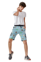LIGHT SKY BLUE LYCRA PRINT SHORTS WITH 2 SIDE ZIPPERS