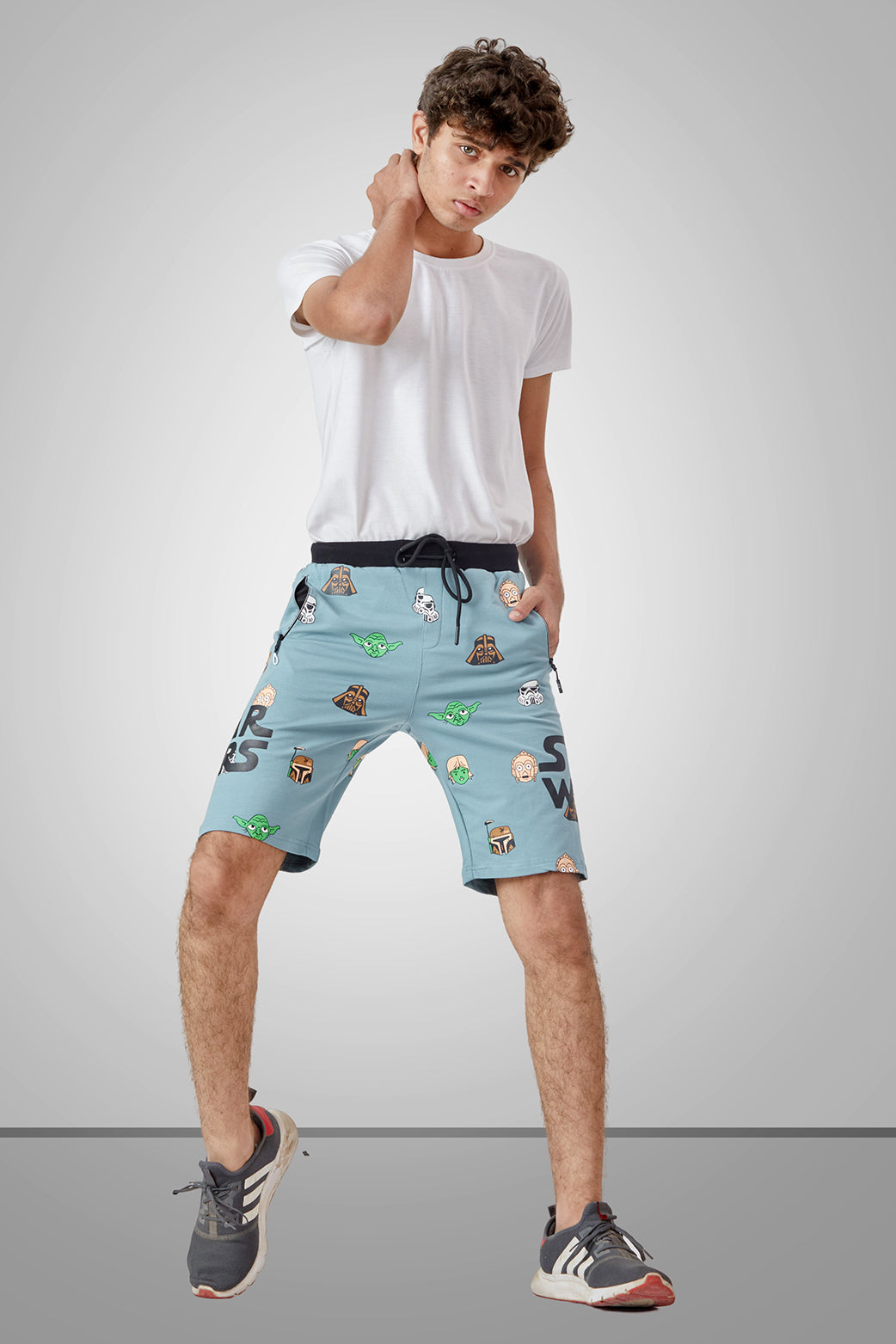 LIGHT SKY BLUE LYCRA PRINT SHORTS WITH 2 SIDE ZIPPERS