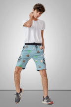 LIGHT SKY BLUE LYCRA PRINT SHORTS WITH 2 SIDE ZIPPERS