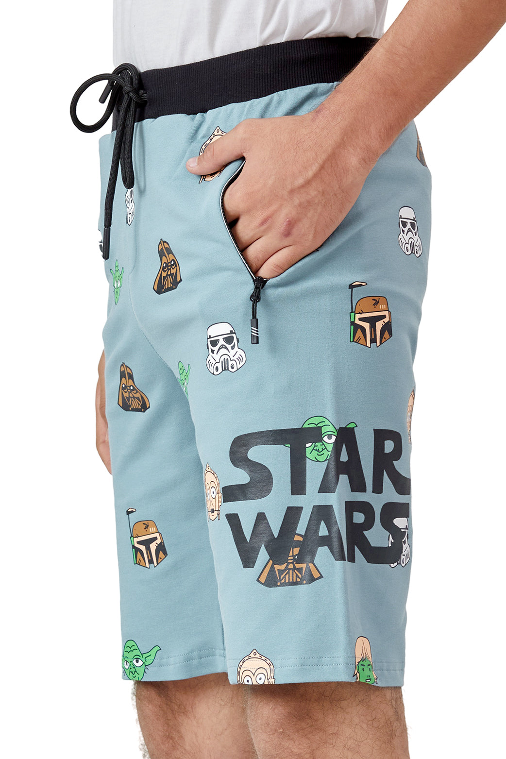 LIGHT SKY BLUE LYCRA PRINT SHORTS WITH 2 SIDE ZIPPERS