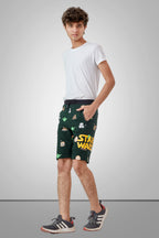 GREEN LYCRA PRINT SHORTS WITH 2 SIDE ZIPPERS