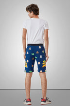 NAVY BLUE LYCRA PRINT SHORTS WITH 2 SIDE ZIPPERS