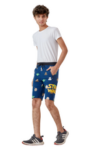 NAVY BLUE LYCRA PRINT SHORTS WITH 2 SIDE ZIPPERS
