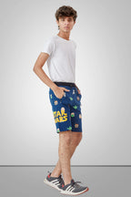 NAVY BLUE LYCRA PRINT SHORTS WITH 2 SIDE ZIPPERS
