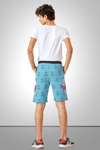 LIGHT SKY BLUE LYCRA PRINT SHORTS WITH 2 SIDE ZIPPERS