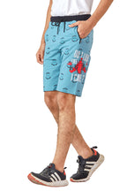 LIGHT SKY BLUE LYCRA PRINT SHORTS WITH 2 SIDE ZIPPERS