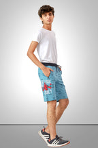LIGHT SKY BLUE LYCRA PRINT SHORTS WITH 2 SIDE ZIPPERS