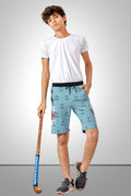 LIGHT SKY BLUE LYCRA PRINT SHORTS WITH 2 SIDE ZIPPERS