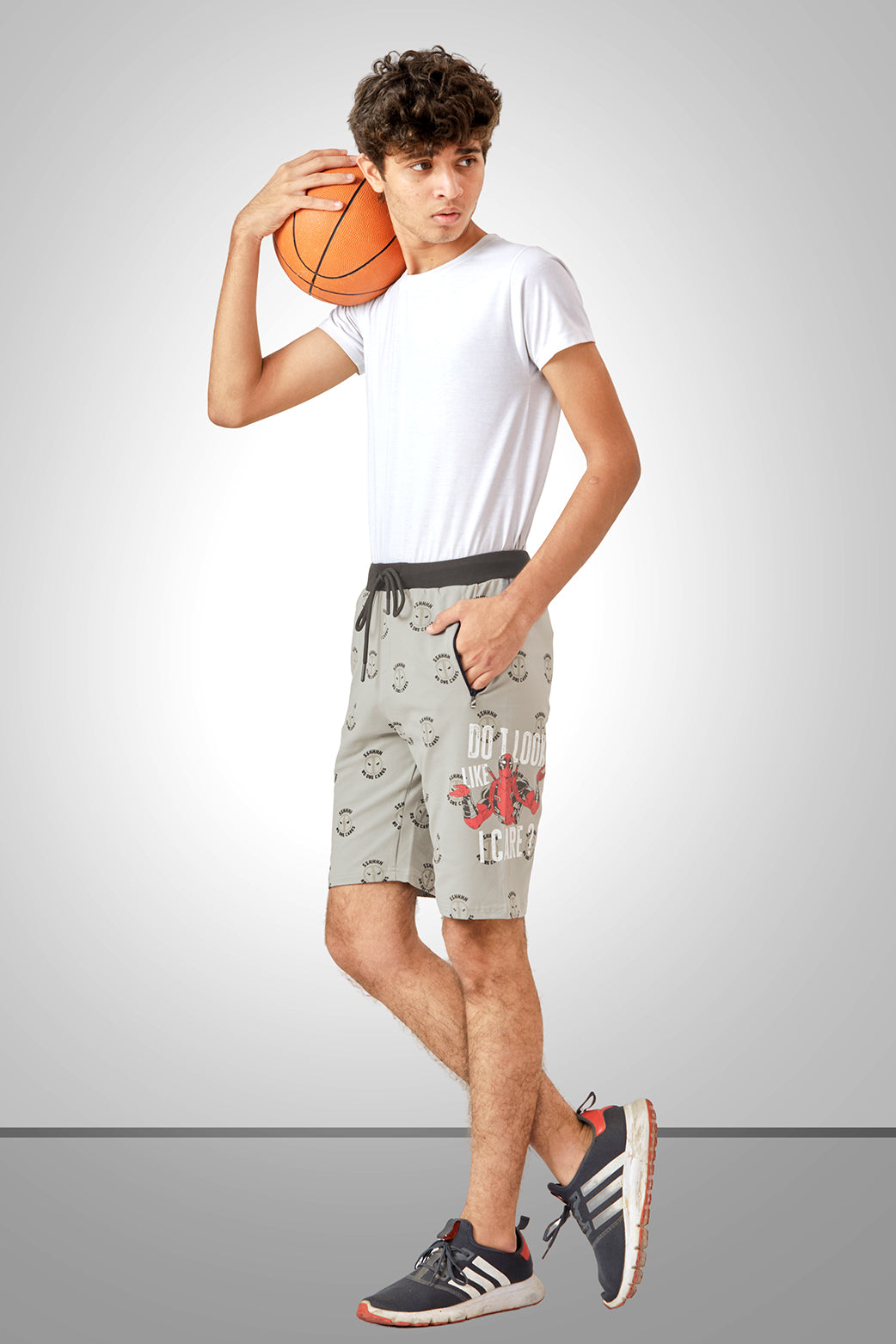 GREY LYCRA PRINT SHORTS WITH 2 SIDE ZIPPERS