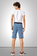 SKY BLUE LYCRA PRINT SHORTS WITH 2 SIDE ZIPPERS