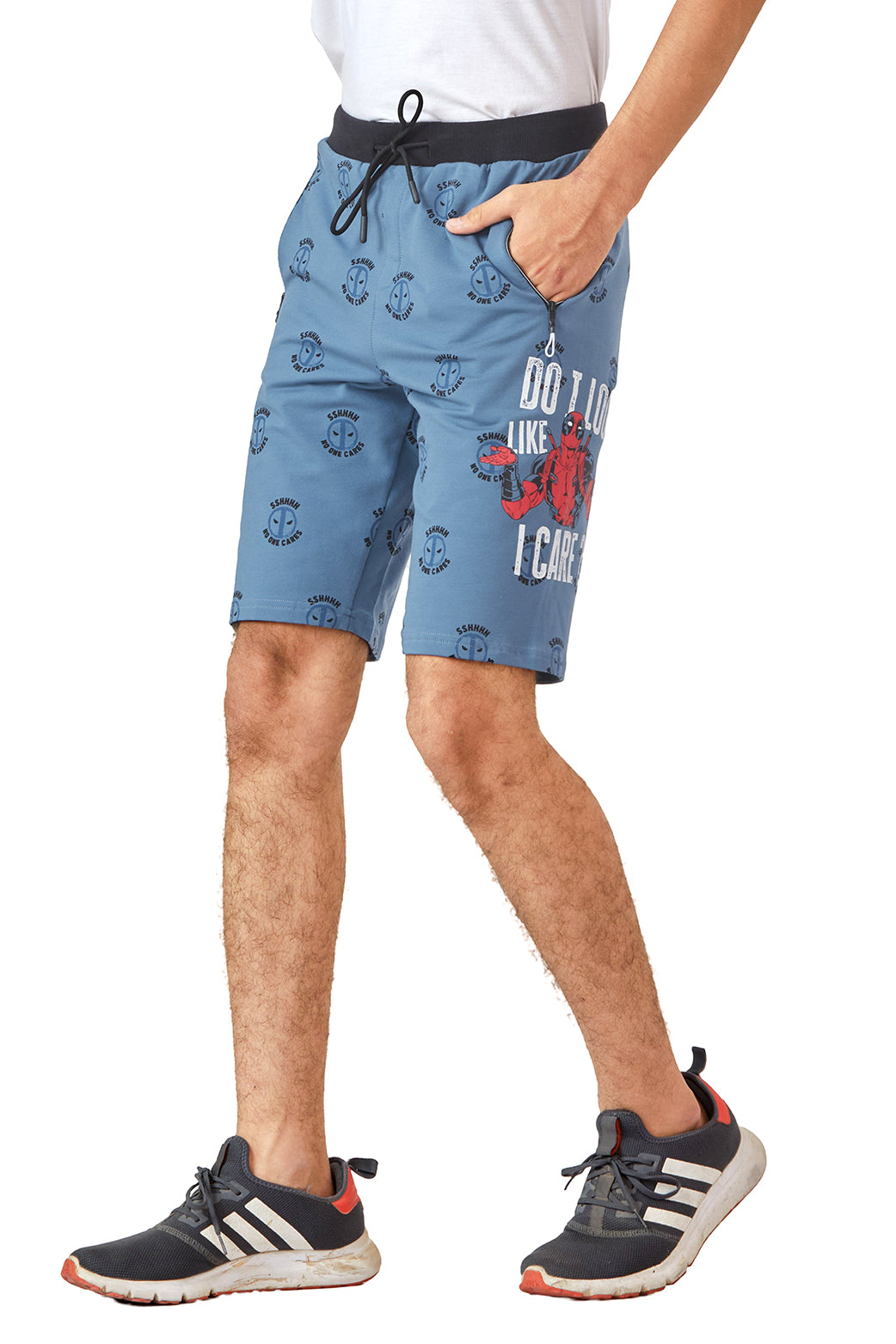 SKY BLUE LYCRA PRINT SHORTS WITH 2 SIDE ZIPPERS