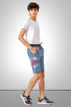 SKY BLUE LYCRA PRINT SHORTS WITH 2 SIDE ZIPPERS
