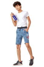 SKY BLUE LYCRA PRINT SHORTS WITH 2 SIDE ZIPPERS