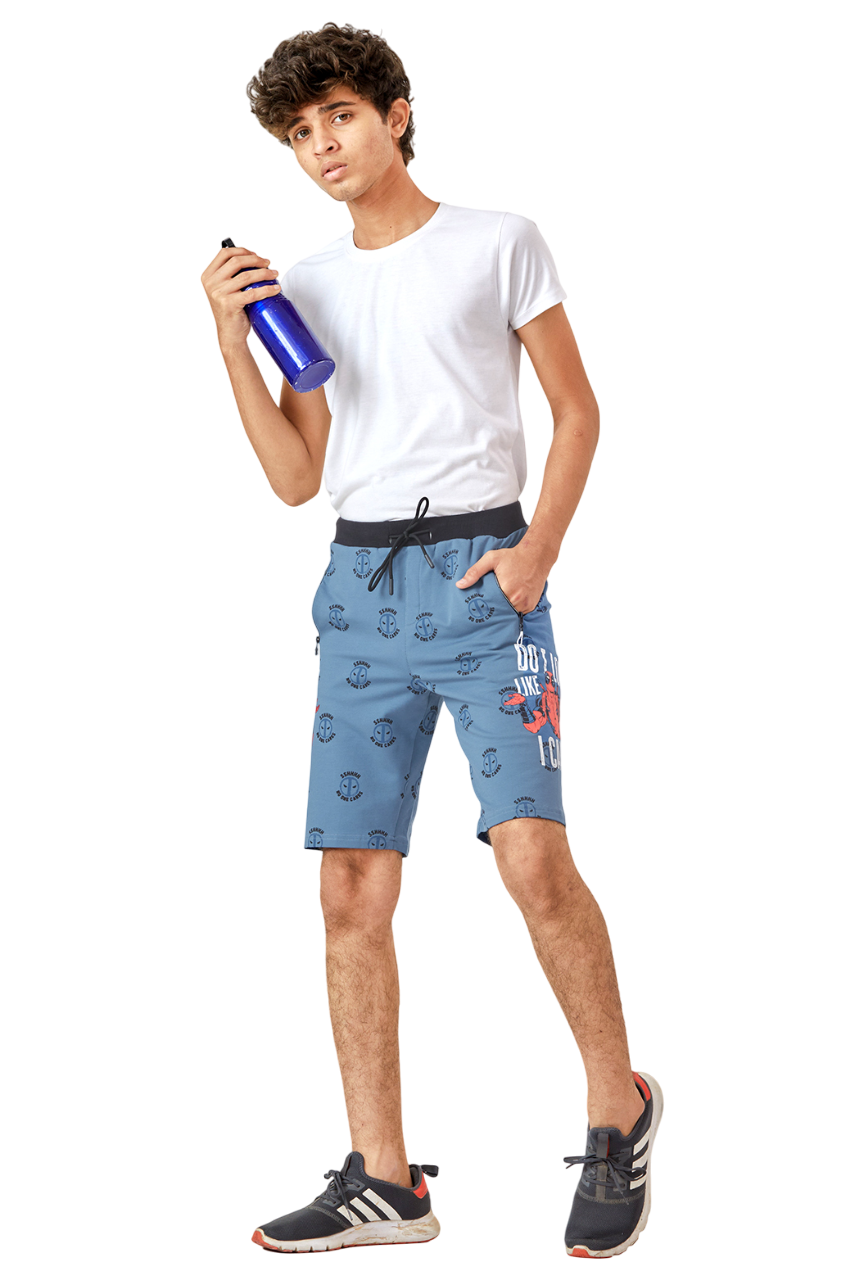 SKY BLUE LYCRA PRINT SHORTS WITH 2 SIDE ZIPPERS