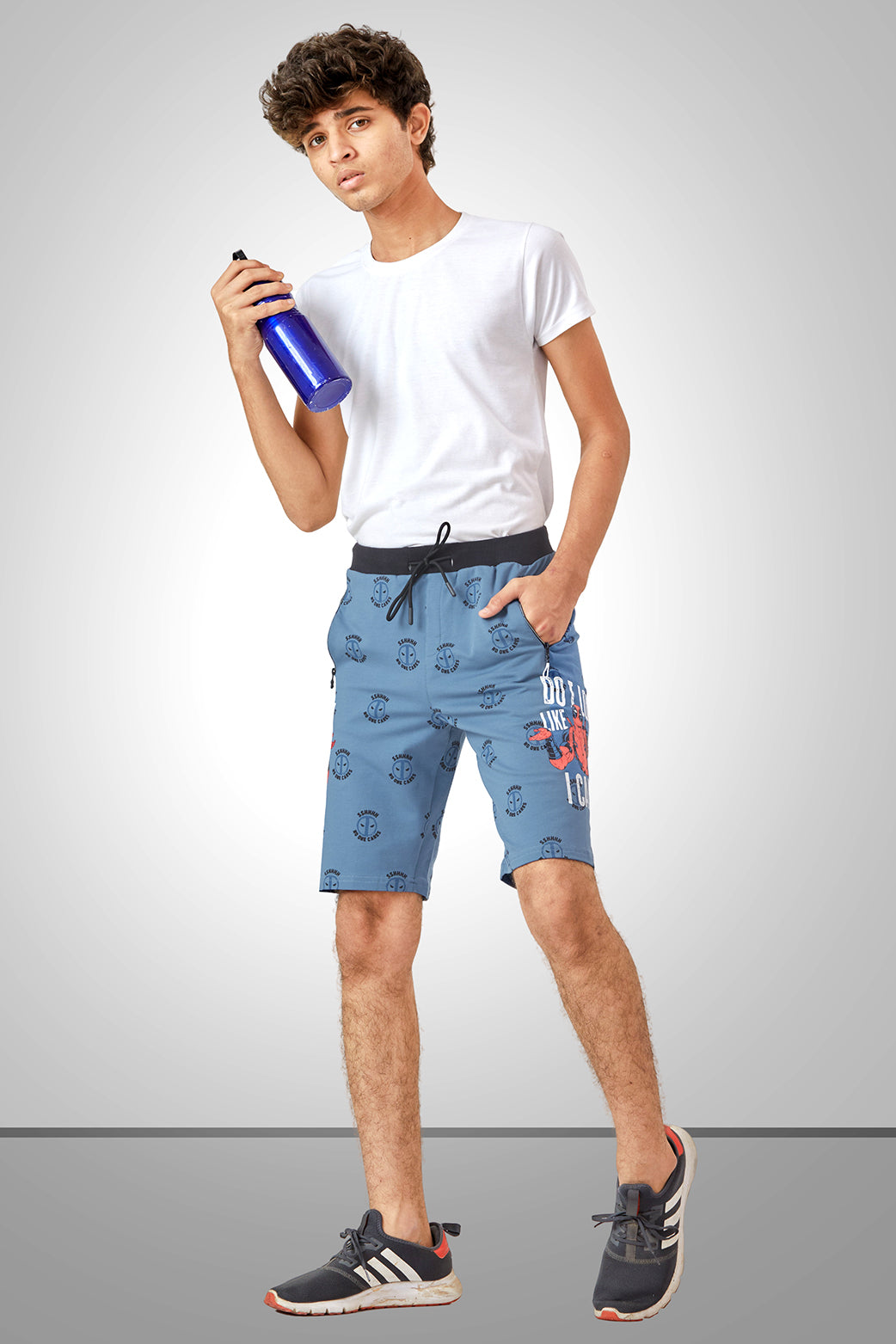 SKY BLUE LYCRA PRINT SHORTS WITH 2 SIDE ZIPPERS