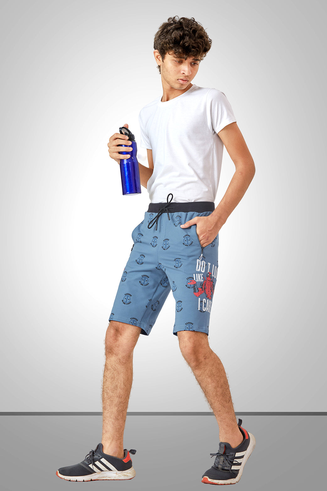 SKY BLUE LYCRA PRINT SHORTS WITH 2 SIDE ZIPPERS