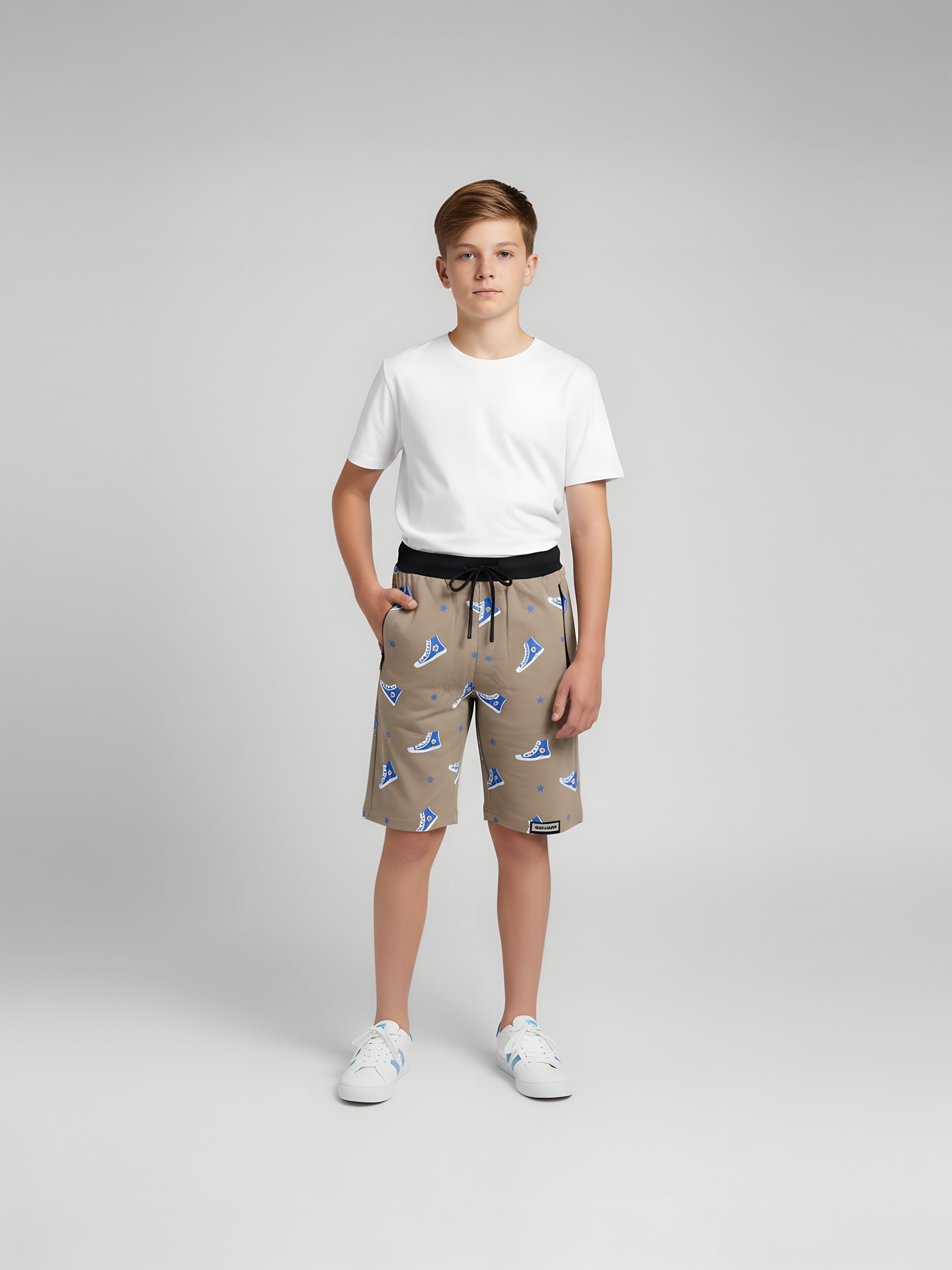 KHAKI LYCRA PRINT SHORTS WITH 2 SIDE ZIPPERS
